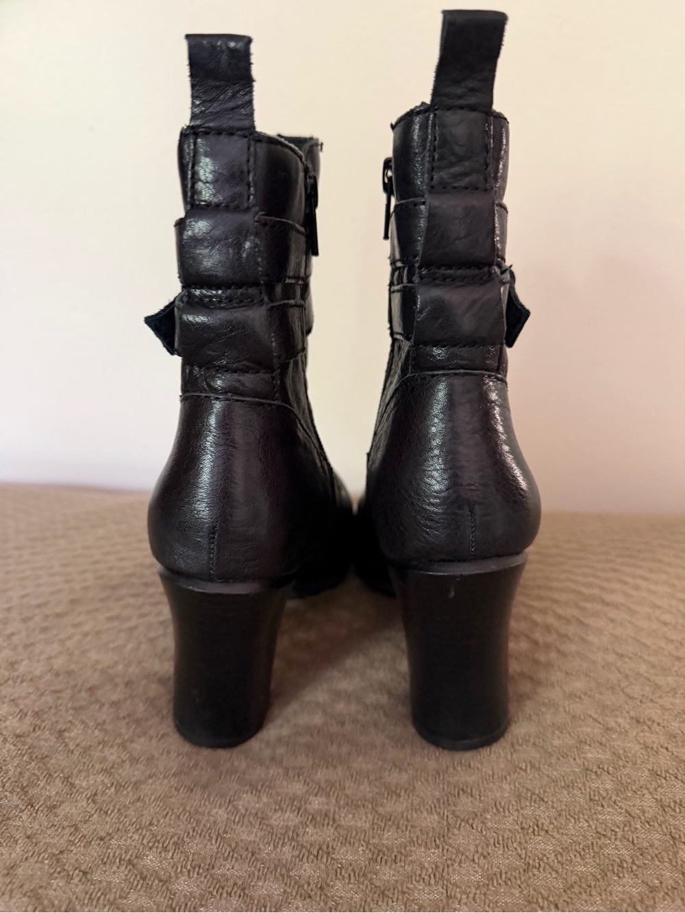 Women's Black Leather Ankle Heeled Boots with Side Zip - Picture 6 of 9